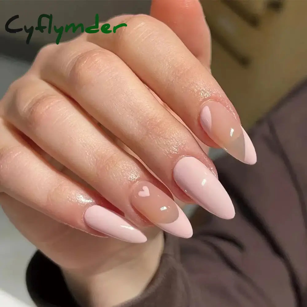 Cyflymder Simple Stiletto French Fake Nails For Valentine’s Day Almond Sweet False With Glue Full