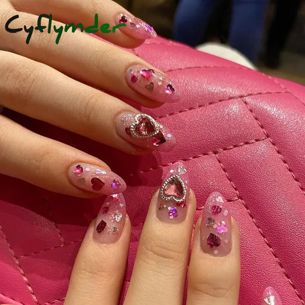 Cyflymder Simple Stiletto French Fake Nails For Valentine’s Day Almond Sweet False With Glue Full