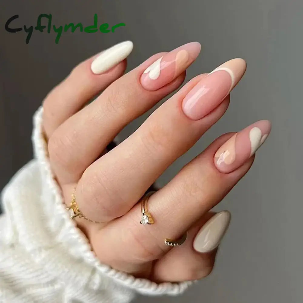 Cyflymder Simple Stiletto French Fake Nails For Valentine’s Day Almond Sweet False With Glue Full