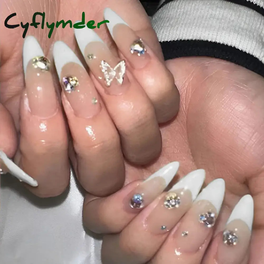 Cyflymder Simple Stiletto French Fake Nails For Valentine’s Day Almond Sweet False With Glue Full