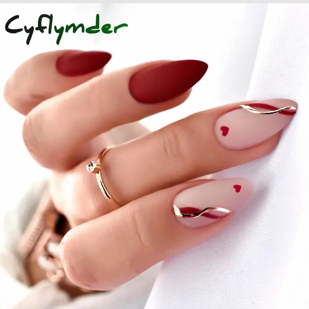 Cyflymder Simple Stiletto French Fake Nails For Valentine’s Day Almond Sweet False With Glue Full