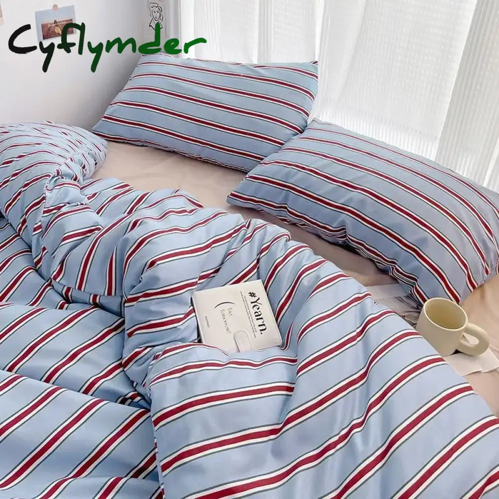 Cyflymder Simple Style Red And Blue Strip Duvet Cover Set Bed Sheet Set Washed Cotton Bedding Set 3 / 1.5x2m3pcs