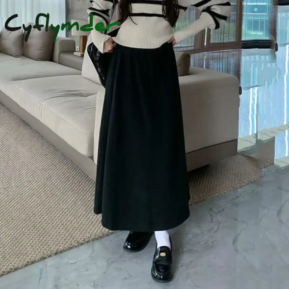 Cyflymder skirt outfits winter Autumn Winter New Thicken Plush A-line Skirts Wowen Solid Casual High Waisted Long Skirt