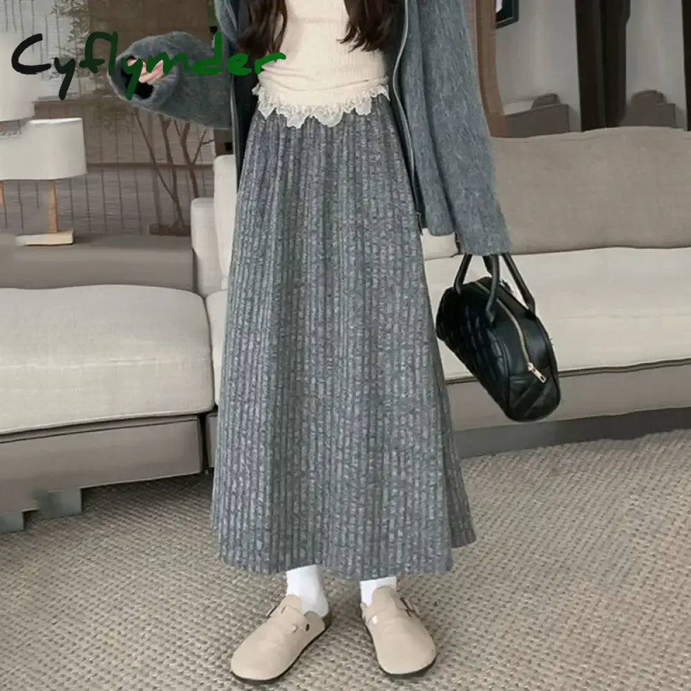 Cyflymder skirt outfits winter Autumn Winter New Thicken Plush A-line Skirts Wowen Solid Casual High Waisted Long Skirt