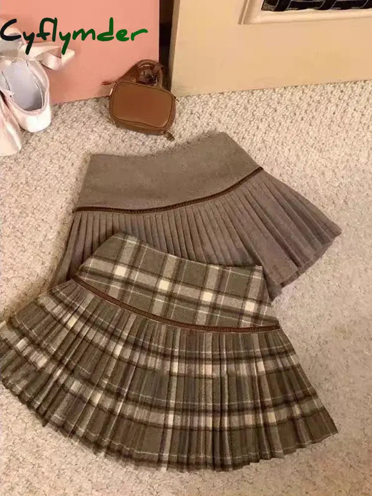 Cyflymder skirt outfits winter Japanese Style Retro Spicy Girl Plaid Pleated Skirt Autumn Winter College Style Woolen
