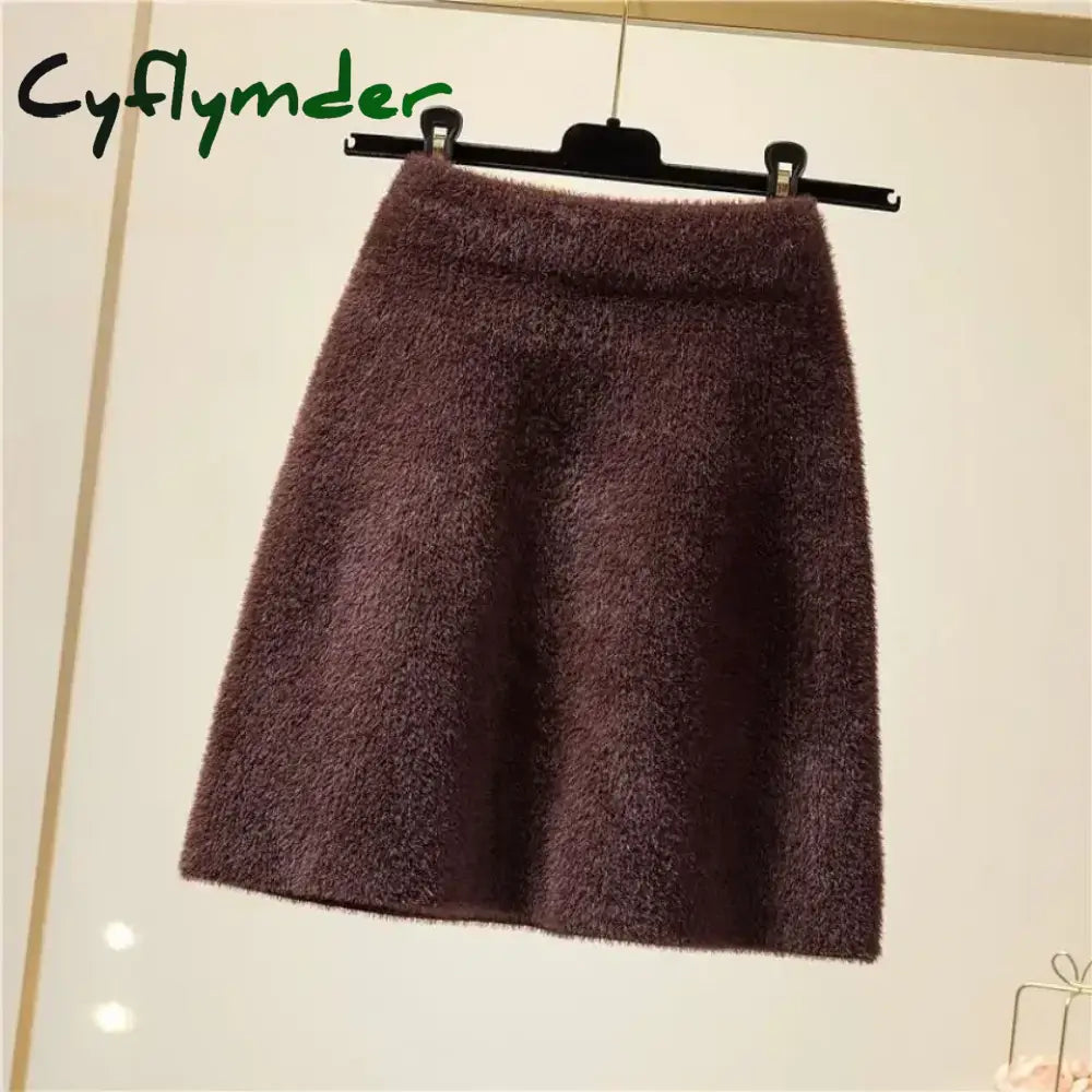 Cyflymder skirt outfits winter Women’s Knitted Skirt for Fall and Winter Short Solid High Waist Imitation mink hip wrap