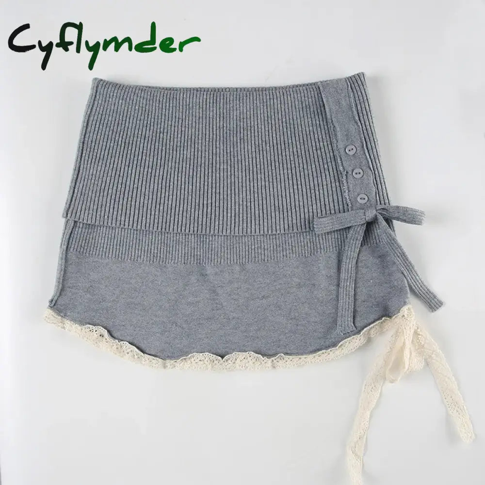 Cyflymder skirt outfits winter Y2K Grey Contrast Lace Patchwork Knitted Skirt for Autumn Winter Kawaii Bodycon Low