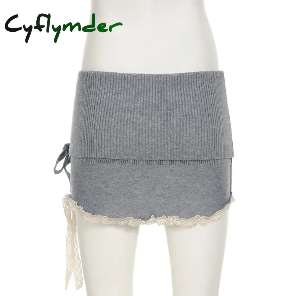 Cyflymder skirt outfits winter Y2K Grey Contrast Lace Patchwork Knitted Skirt for Autumn Winter Kawaii Bodycon Low