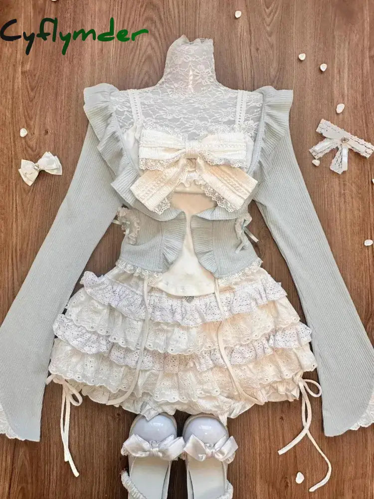 Cyflymder Slim Fit Ruffles Long Sleeve Knitted Cardigan Tops + Lace Bow Camisole Vest + High Waist Ruched Cake Skirts