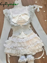 Cyflymder Slim Fit Ruffles Long Sleeve Knitted Cardigan Tops + Lace Bow Camisole Vest + High Waist Ruched Cake Skirts