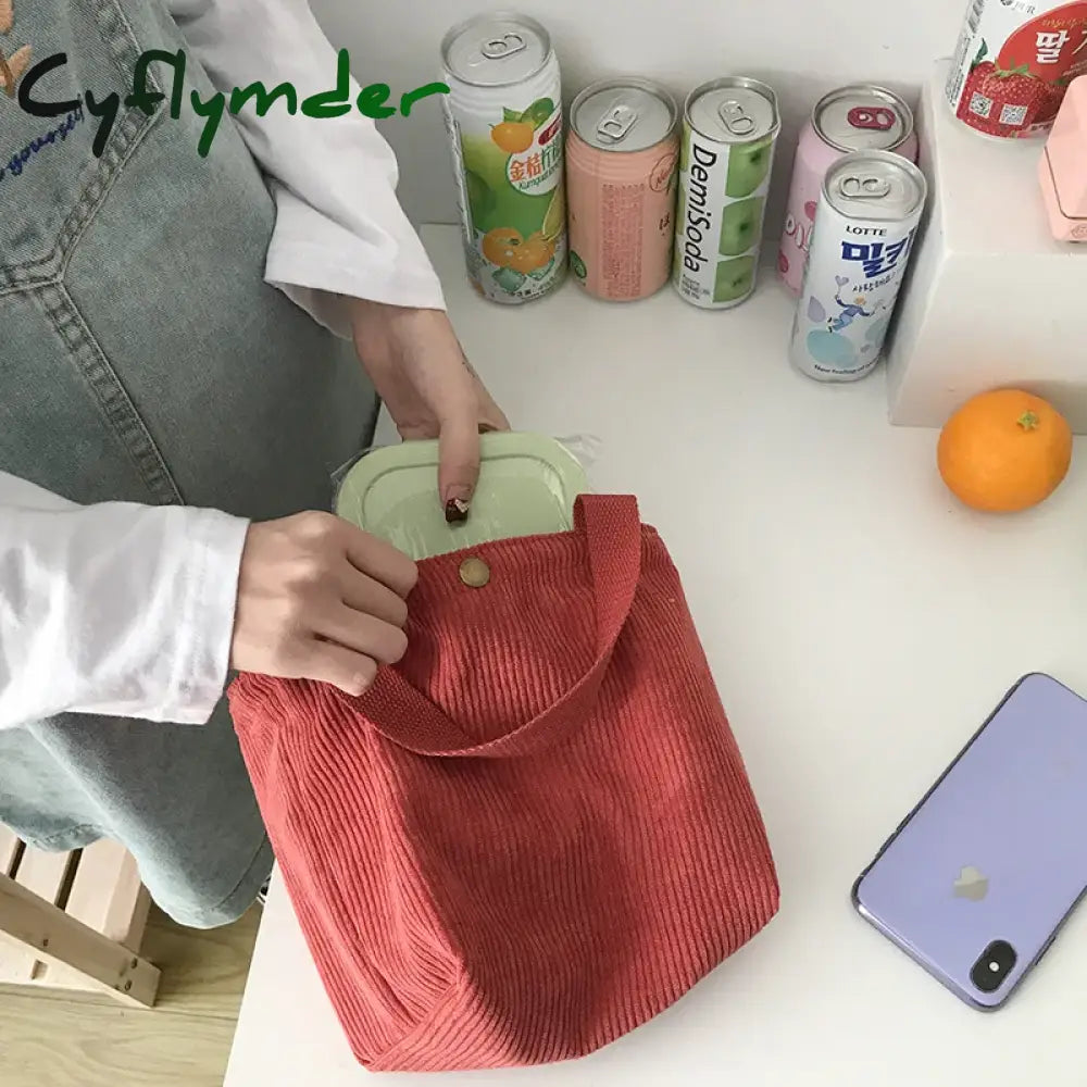 Cyflymder Small Corduroy Lunch Bag For Women Eco Canvas Portable Tote Bags Mini Female Students