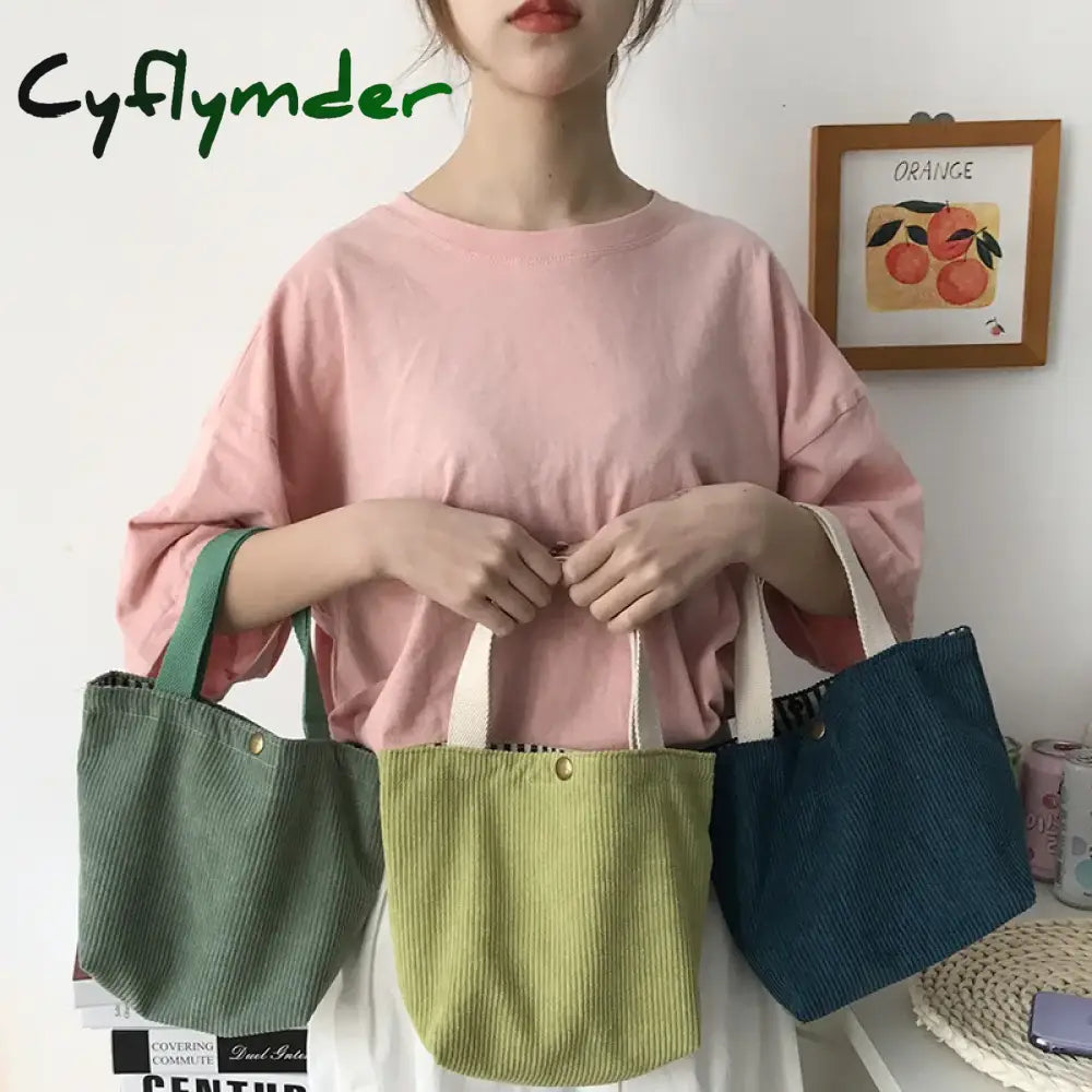 Cyflymder Small Corduroy Lunch Bag For Women Eco Canvas Portable Tote Bags Mini Female Students