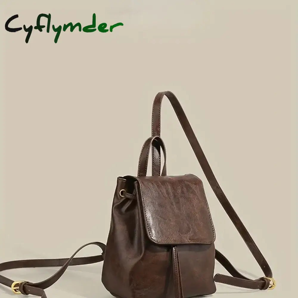 Cyflymder Small Drawstring Flap Backpack Women Mini Pu Leather Textured School Fashion Travel