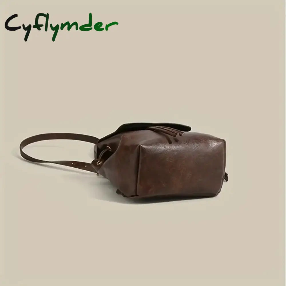 Cyflymder Small Drawstring Flap Backpack Women Mini Pu Leather Textured School Fashion Travel