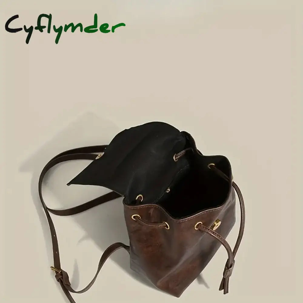 Cyflymder Small Drawstring Flap Backpack Women Mini Pu Leather Textured School Fashion Travel