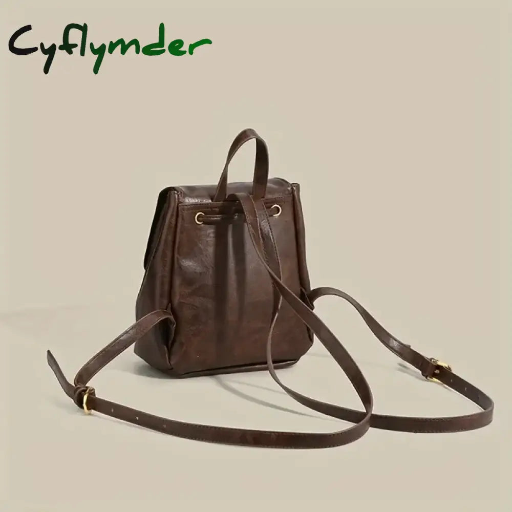 Cyflymder Small Drawstring Flap Backpack Women Mini Pu Leather Textured School Fashion Travel