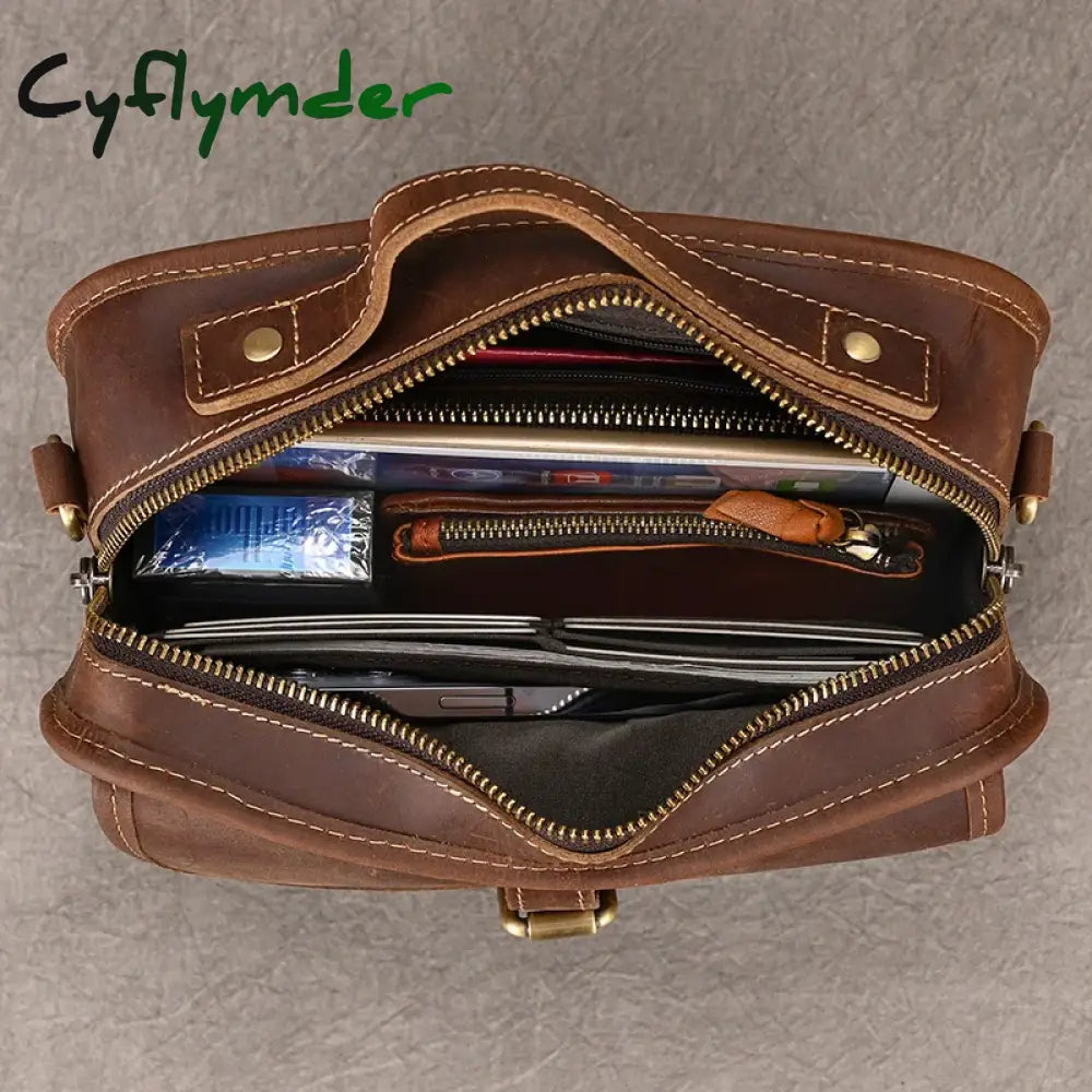 Cyflymder Small Men’s Handbag Unisex Vintage Crazy Horse Leather Messenger Bags Women Travel