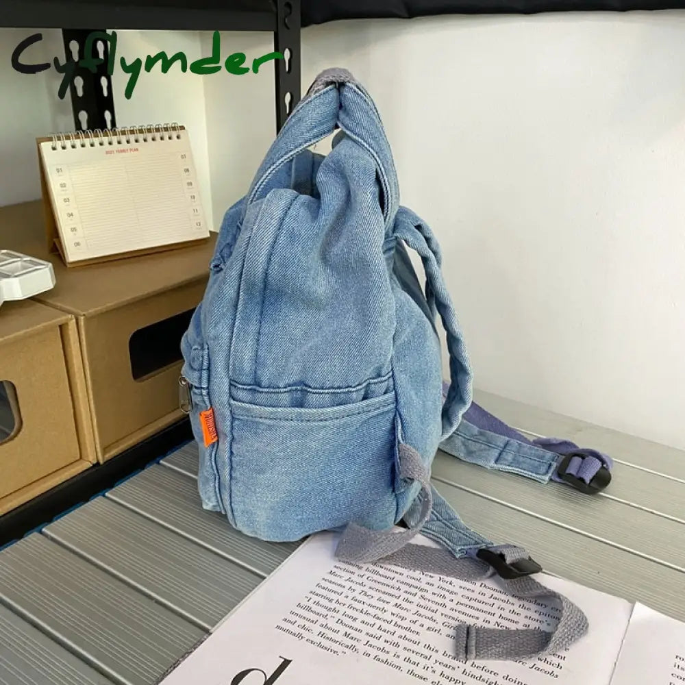 Cyflymder Small Simple Vintage Denim Backpack Young For Teenage Girls Student Canvas Women College