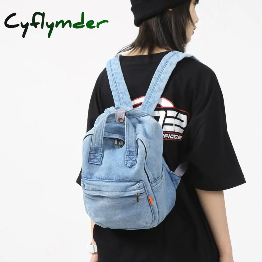 Cyflymder Small Simple Vintage Denim Backpack Young For Teenage Girls Student Canvas Women College