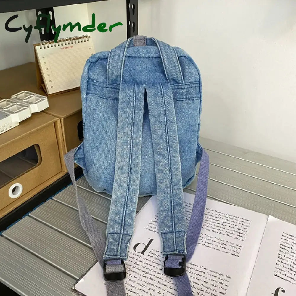 Cyflymder Small Simple Vintage Denim Backpack Young For Teenage Girls Student Canvas Women College