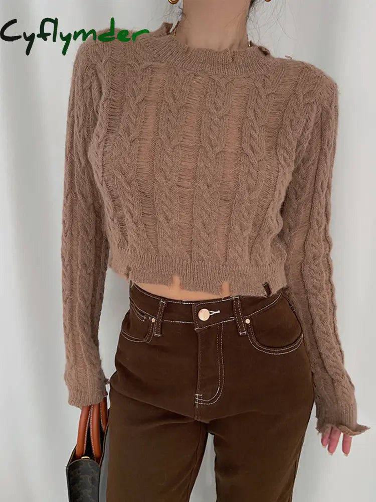 Cyflymder - Snowflake Crochet Knit Shirt Light Brown / Xs Tops