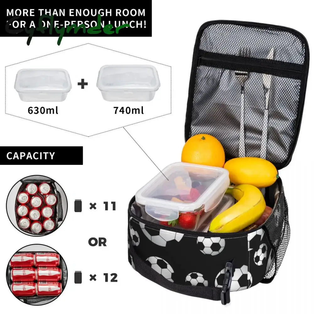 Cyflymder Soccer Pattern Insulated Lunch Bag Cooler Meal Container Football Balls Sports Large Tote