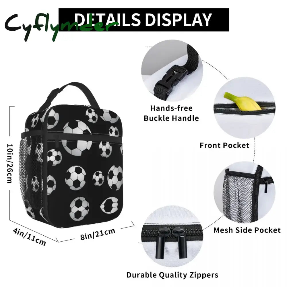 Cyflymder Soccer Pattern Insulated Lunch Bag Cooler Meal Container Football Balls Sports Large Tote