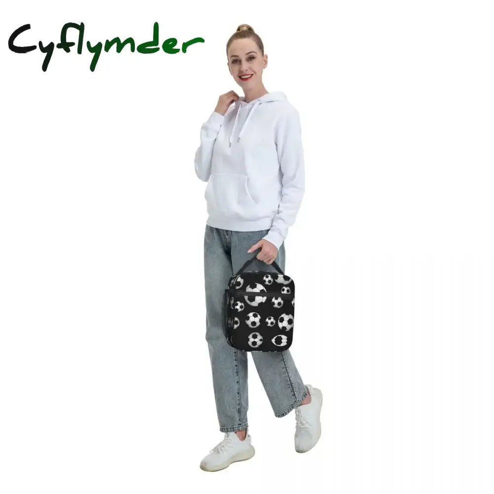 Cyflymder Soccer Pattern Insulated Lunch Bag Cooler Meal Container Football Balls Sports Large Tote