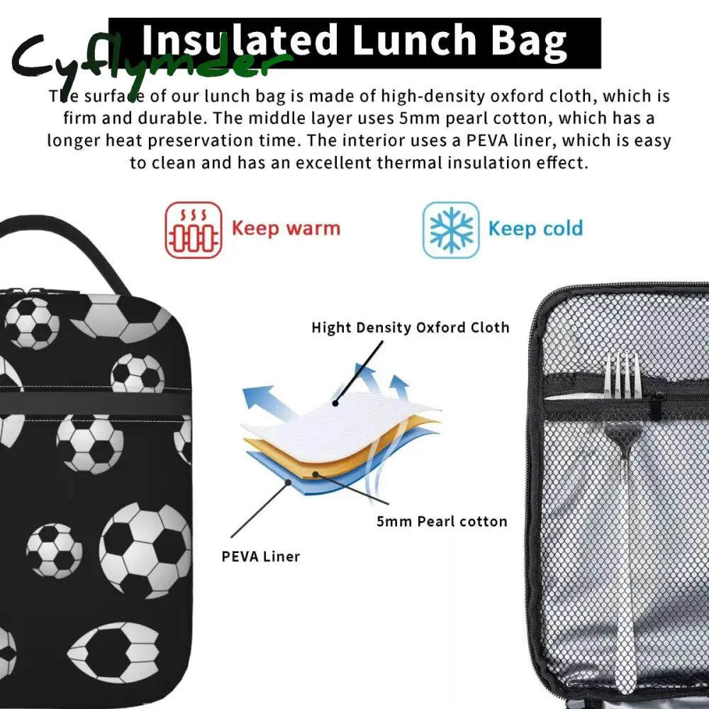 Cyflymder Soccer Pattern Insulated Lunch Bag Cooler Meal Container Football Balls Sports Large Tote