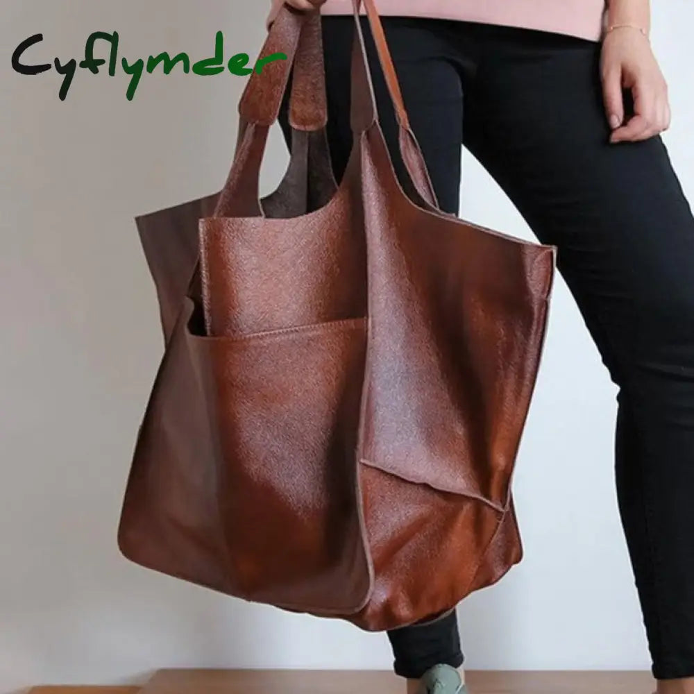 Cyflymder Soft Large Capacity Tote Bag Shopper Women Handbag Luxury Pu Leather Shoulder Retro