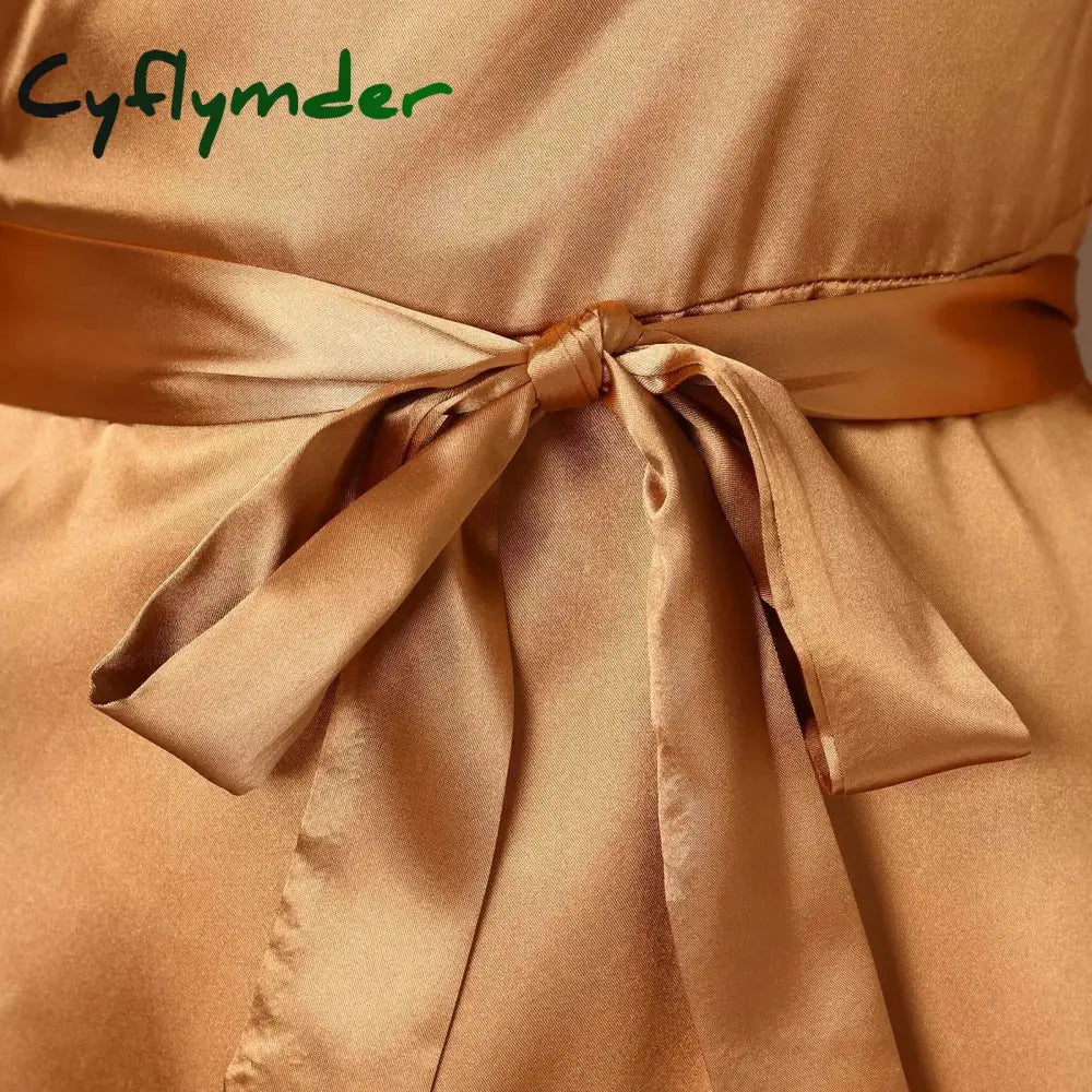 Cyflymder Soild Color Female Dress Autumn Long Sleeve Stand Collar Dresses Sexy Open Front Tie