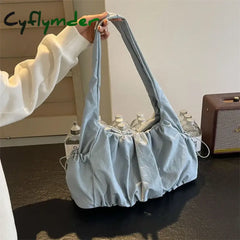 Cyflymder Solid Casual Sewing Thread Shoulder Bags Soft Interior Compartment High Quality Bags for Women Zipper Pu