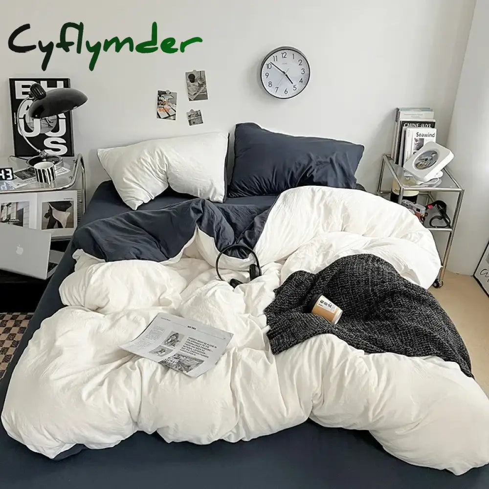 Cyflymder Solid Color Duvet Cover Set 100% Washed Cotton Bedding Set Super Soft Comfortable Lightweight Comforter Cover