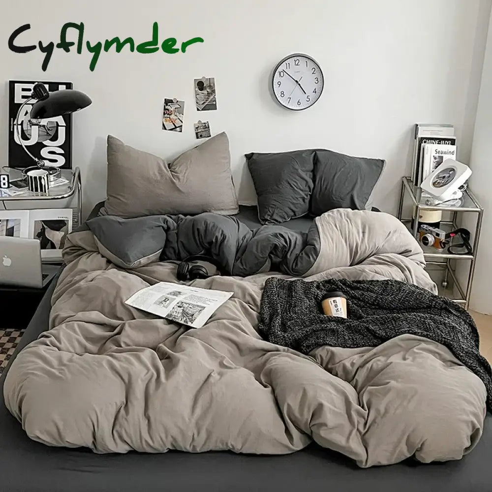 Cyflymder Solid Color Duvet Cover Set 100% Washed Cotton Bedding Set Super Soft Comfortable Lightweight Comforter Cover