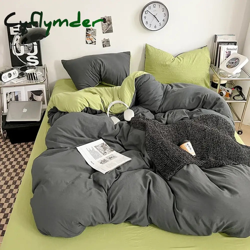 Cyflymder Solid Color Duvet Cover Set 100% Washed Cotton Bedding Set Super Soft Comfortable Lightweight Comforter Cover