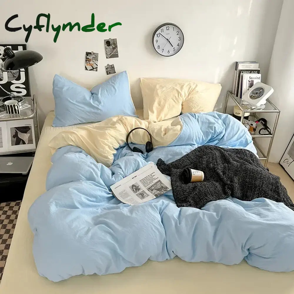 Cyflymder Solid Color Duvet Cover Set 100% Washed Cotton Bedding Set Super Soft Comfortable Lightweight Comforter Cover