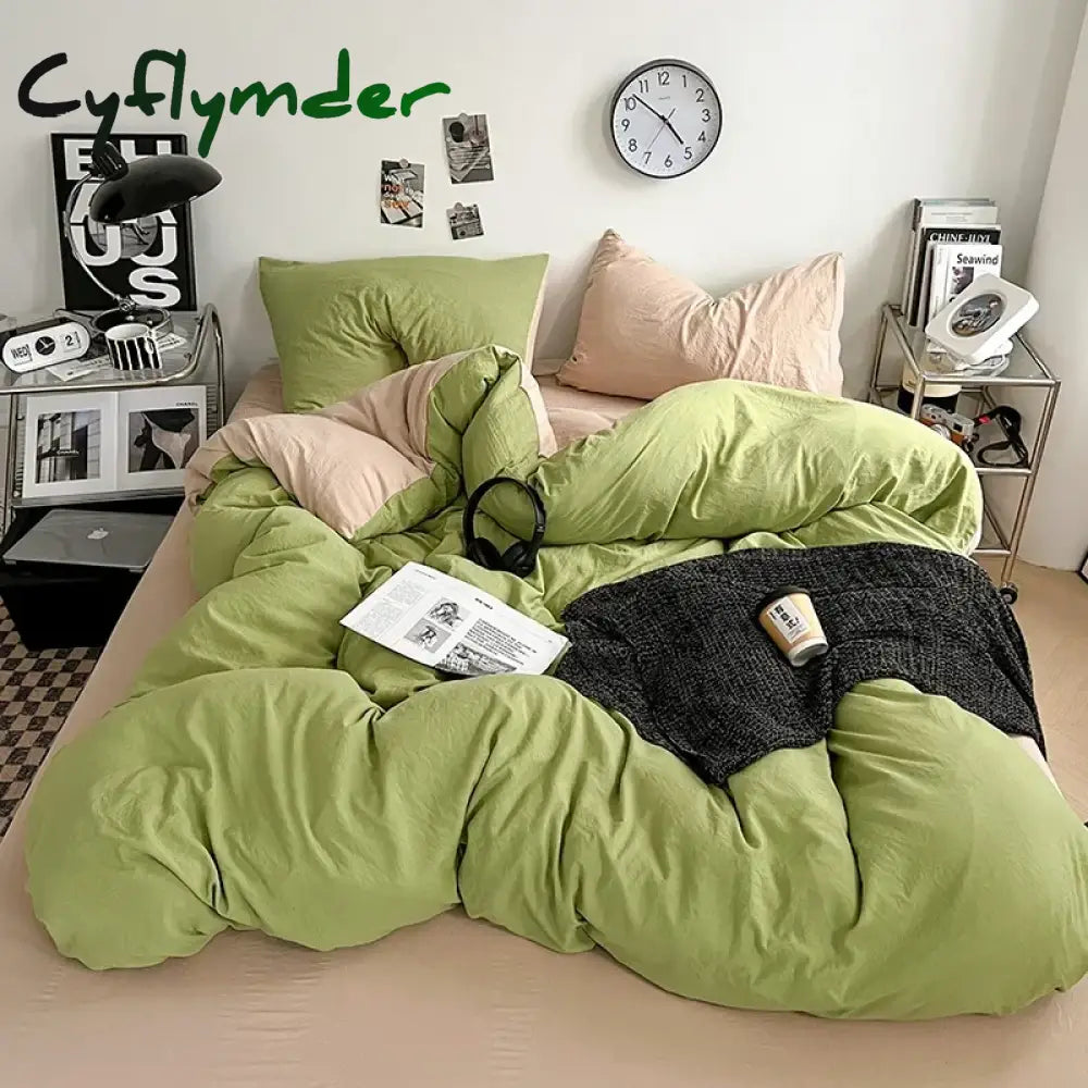 Cyflymder Solid Color Duvet Cover Set 100% Washed Cotton Bedding Set Super Soft Comfortable Lightweight Comforter Cover