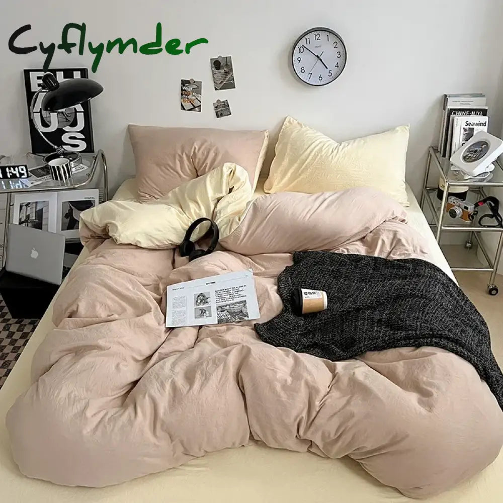 Cyflymder Solid Color Duvet Cover Set 100% Washed Cotton Bedding Set Super Soft Comfortable Lightweight Comforter Cover