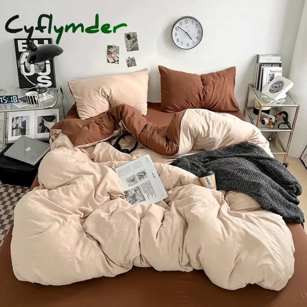 Cyflymder Solid Color Duvet Cover Set 100% Washed Cotton Bedding Set Super Soft Comfortable Lightweight Comforter Cover