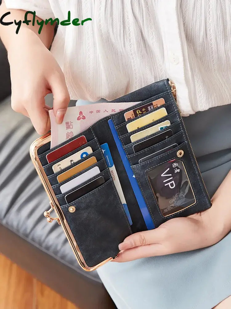Cyflymder Solid Color Multi Functional Long Wallet Vintage Clutch Coin Purse Women’s Card Holder
