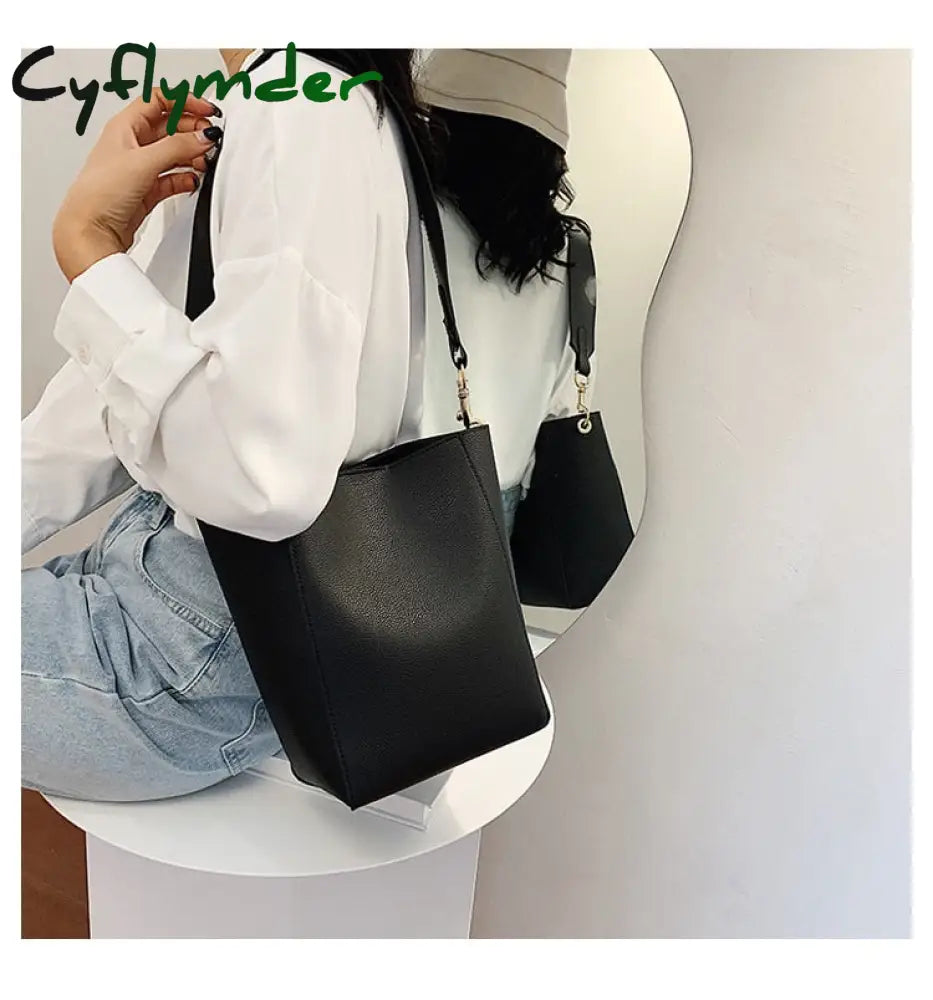 Cyflymder Solid Color Pu Leather Crossbody Bags For Women Bucket New Lady Handbags With Wide Belt