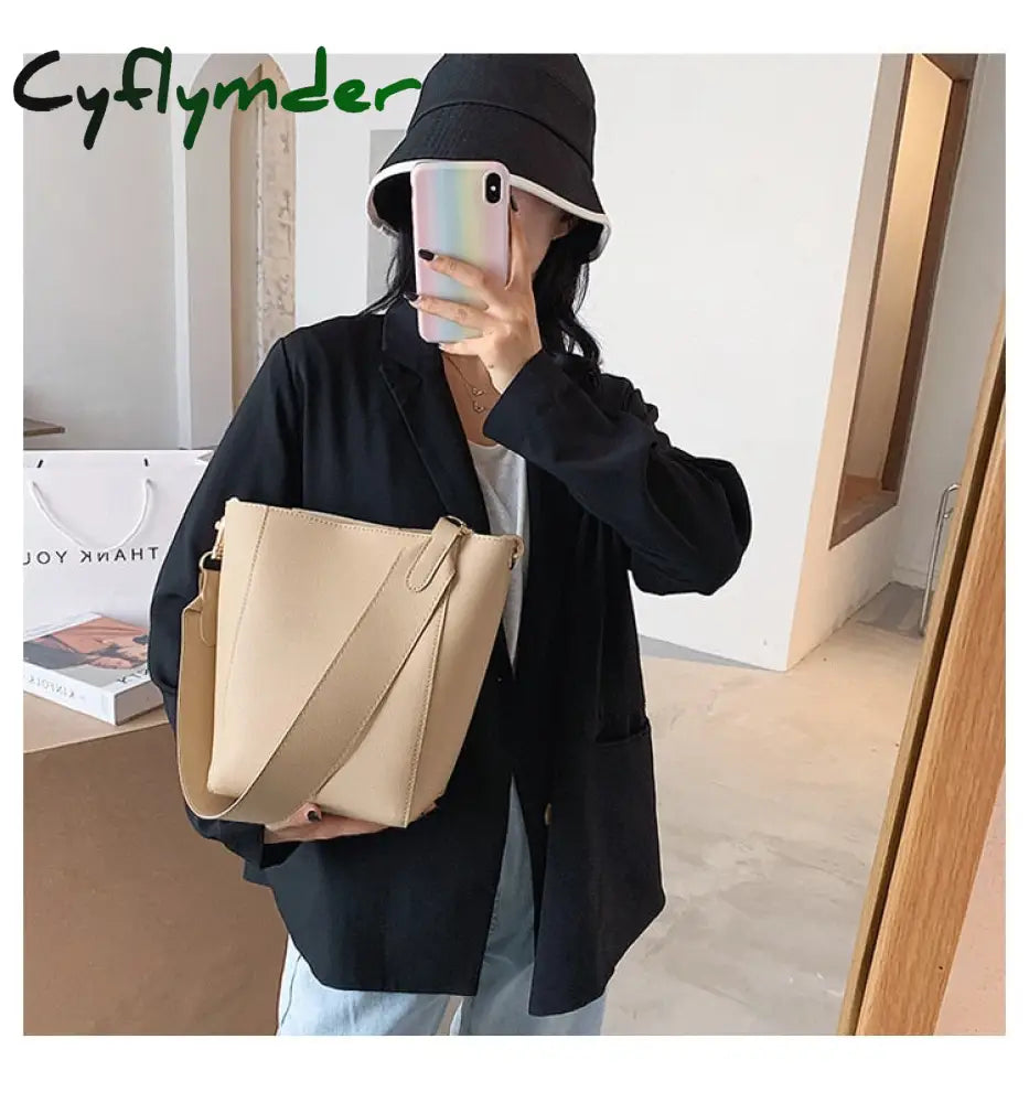 Cyflymder Solid Color Pu Leather Crossbody Bags For Women Bucket New Lady Handbags With Wide Belt