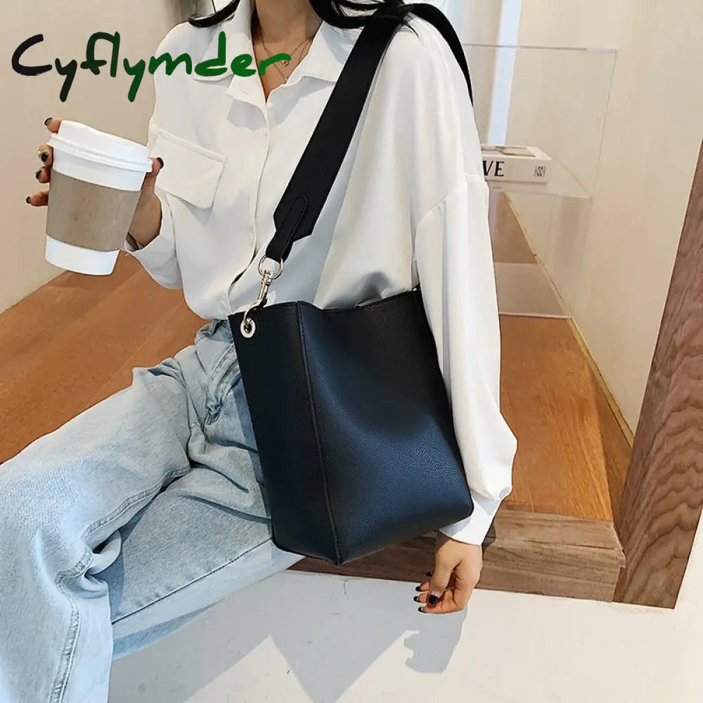 Cyflymder Solid Color Pu Leather Crossbody Bags For Women Bucket New Lady Handbags With Wide Belt