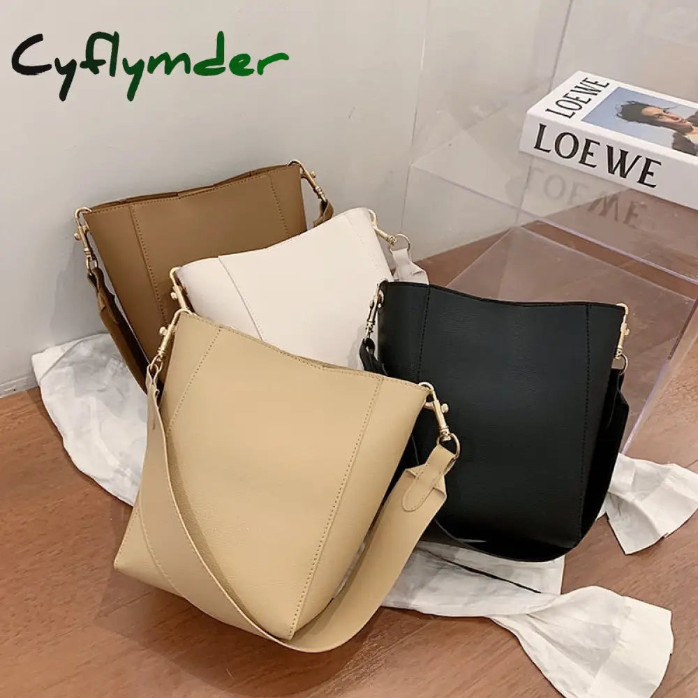 Cyflymder Solid Color Pu Leather Crossbody Bags For Women Bucket New Lady Handbags With Wide Belt