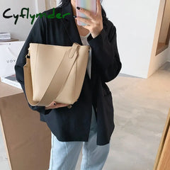 Cyflymder Solid Color Pu Leather Crossbody Bags For Women Bucket New Lady Handbags With Wide Belt