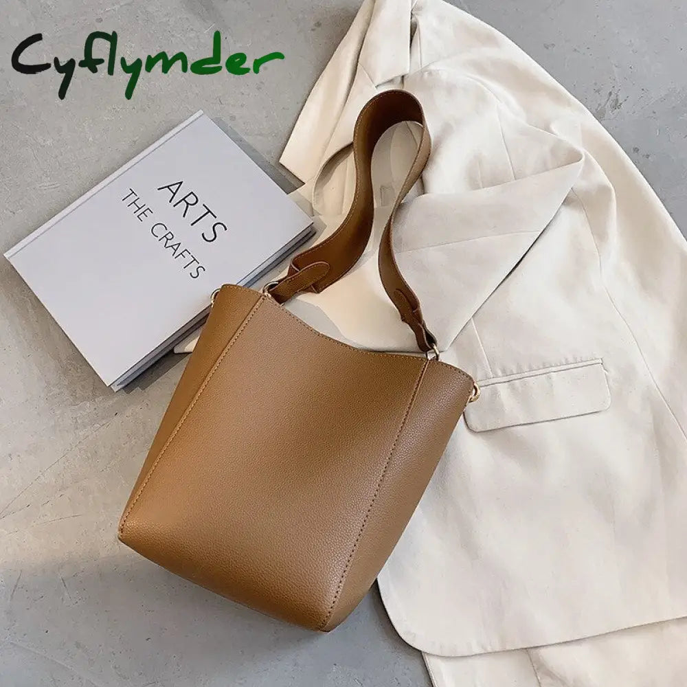 Cyflymder Solid Color Pu Leather Crossbody Bags For Women Bucket New Lady Handbags With Wide Belt