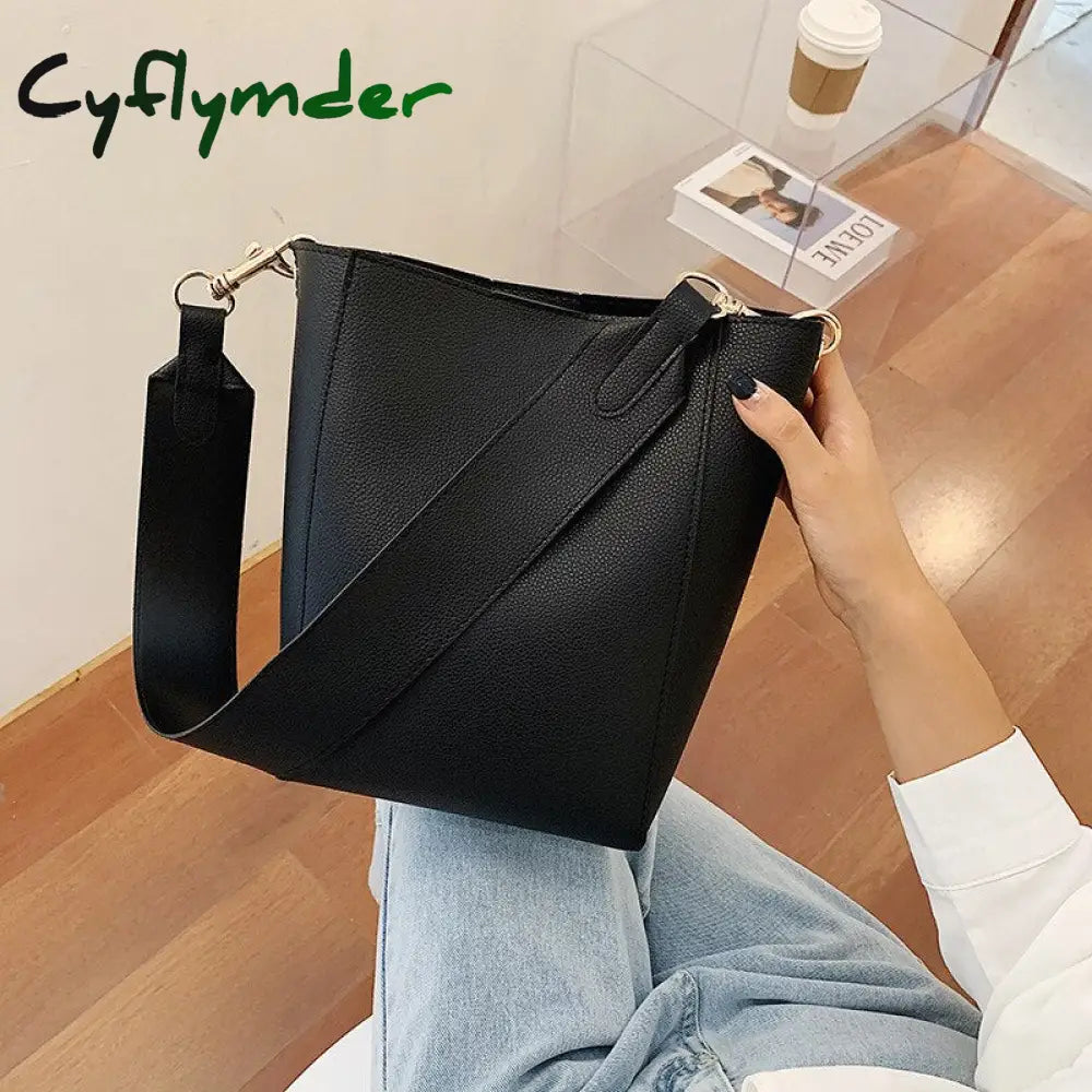 Cyflymder Solid Color Pu Leather Crossbody Bags For Women Bucket New Lady Handbags With Wide Belt