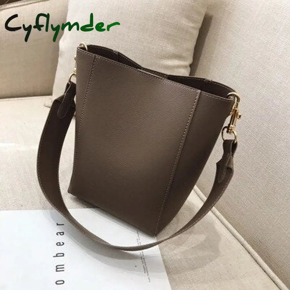 Cyflymder Solid Color Pu Leather Crossbody Bags For Women Bucket New Lady Handbags With Wide Belt