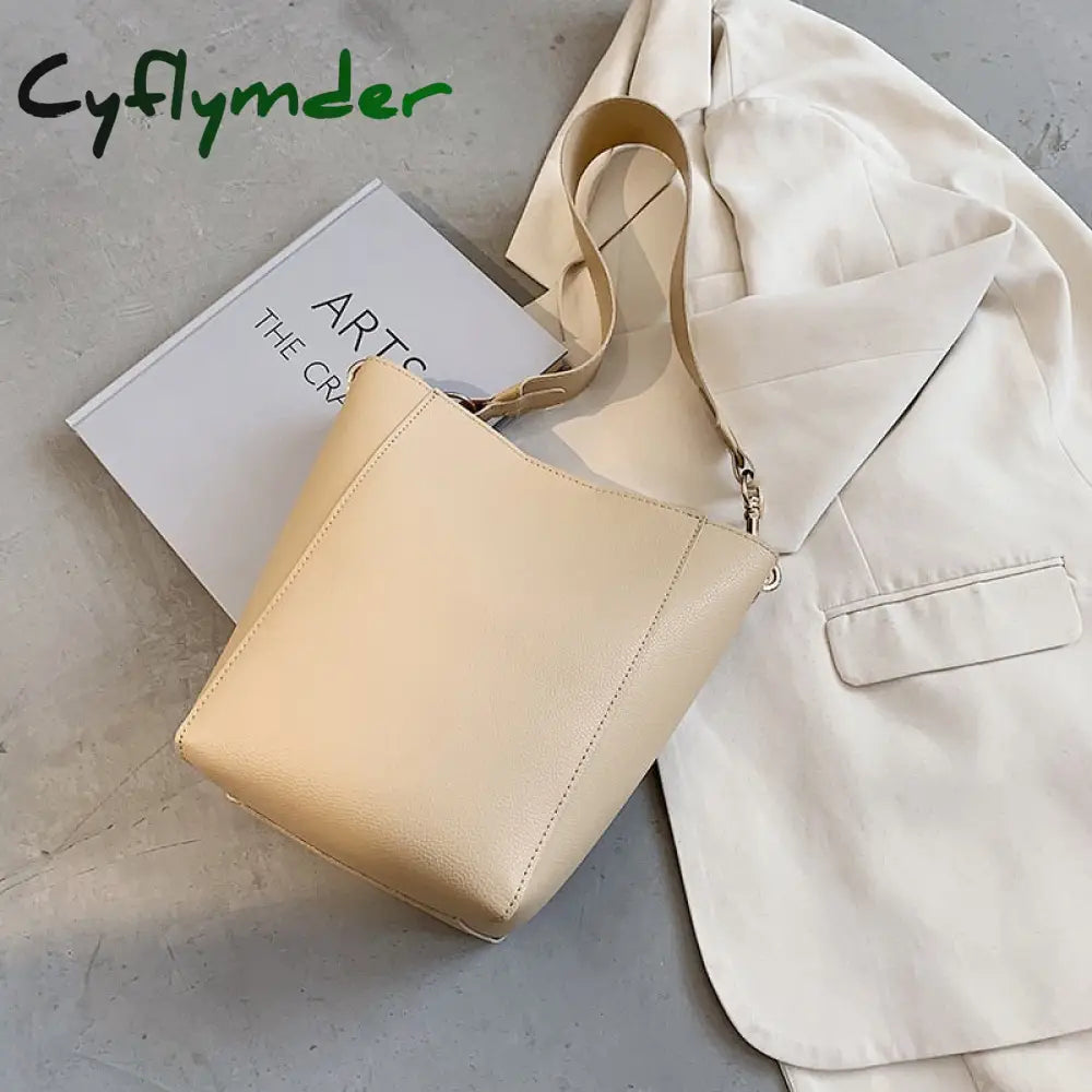 Cyflymder Solid Color Pu Leather Crossbody Bags For Women Bucket New Lady Handbags With Wide Belt