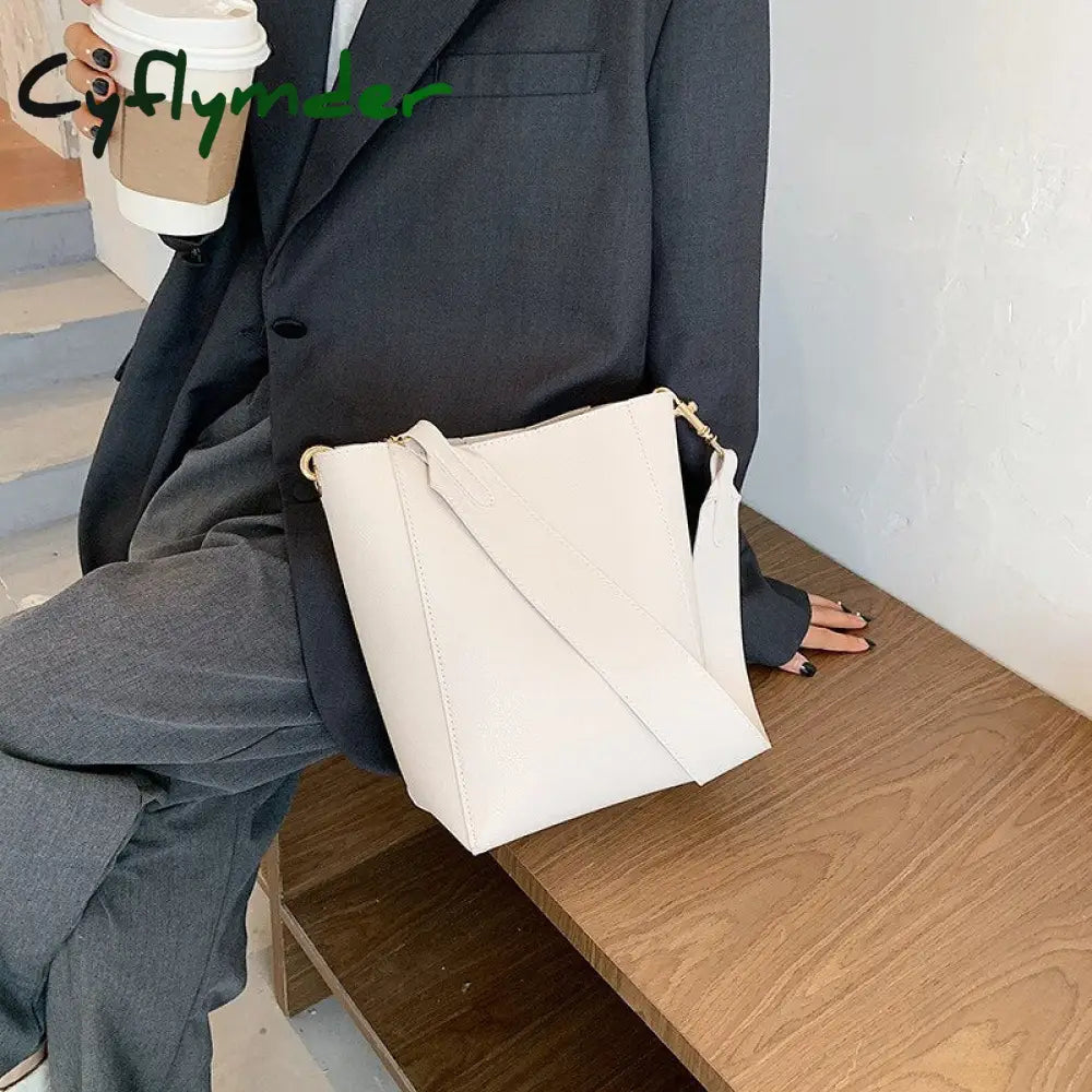 Cyflymder Solid Color Pu Leather Crossbody Bags For Women Bucket New Lady Handbags With Wide Belt